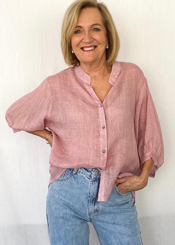 Elena Dusty Pink Linen Blouse - Product Image