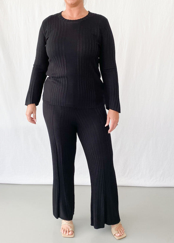 Tina Rib Knit Flare Pants - Black - Product Image