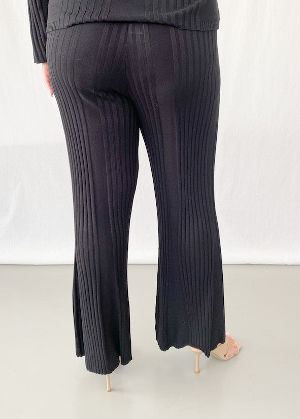 Tina Rib Knit Flare Pants - Black - Product Image