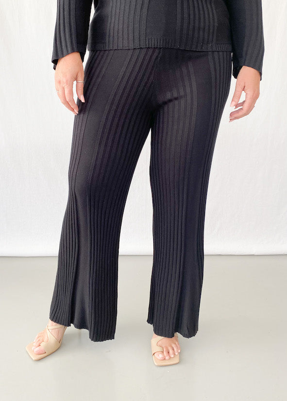 Tina Rib Knit Flare Pants - Black - Product Image