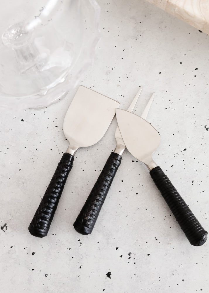 Wicker Cheese Knife Set of 3 - Black Plaited - Product Image