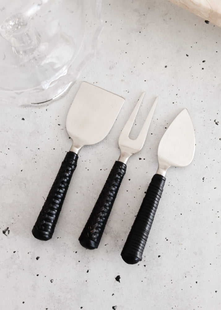 Wicker Cheese Knife Set of 3 - Black Plaited - Product Image