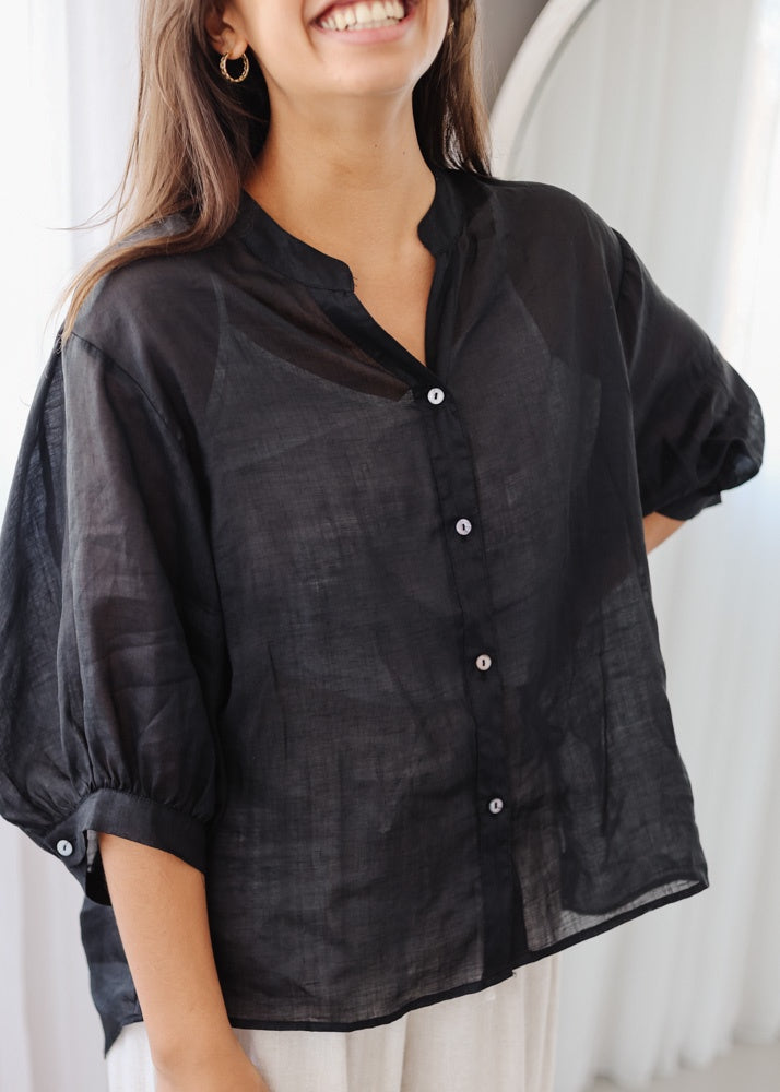 Elena Black Linen Blouse - Product Image