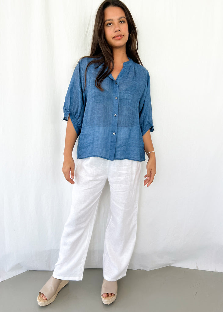 Elena Deep Blue Linen Blouse - Product Image