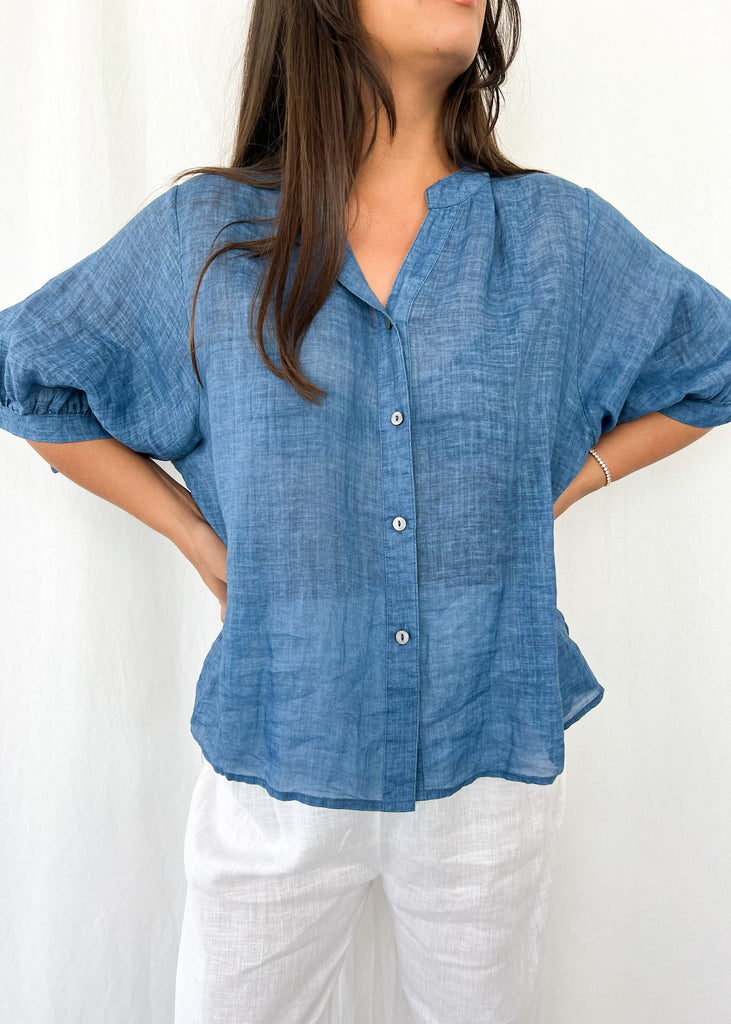 Elena Deep Blue Linen Blouse - Product Image