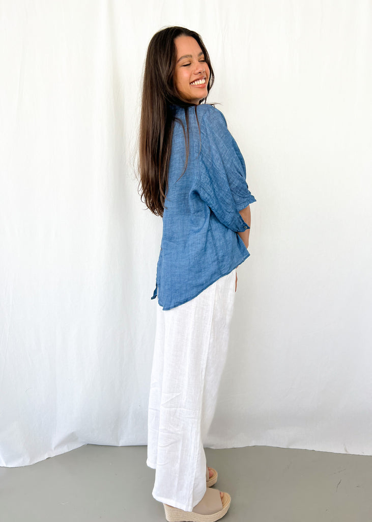 Elena Deep Blue Linen Blouse - Product Image