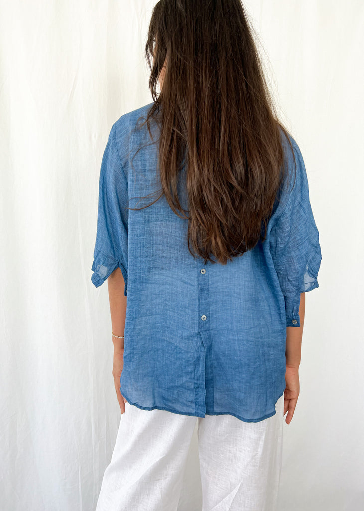 Elena Deep Blue Linen Blouse - Product Image