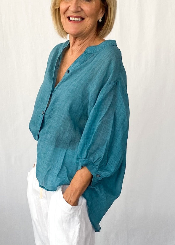 Elena Teal Linen Blouse - Product Image