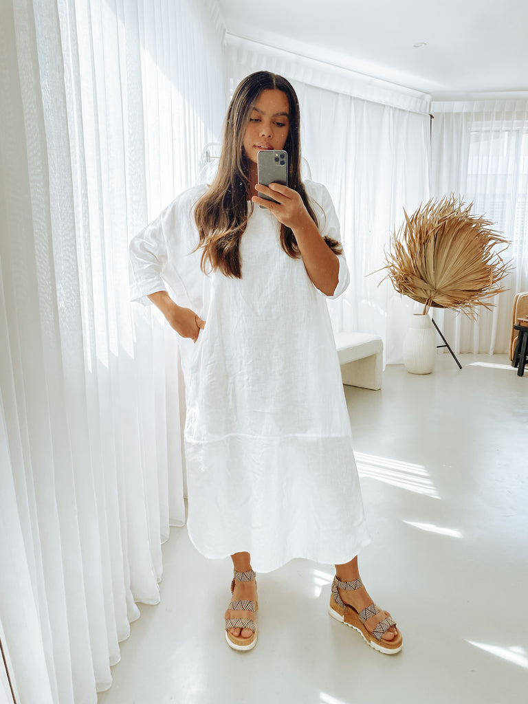 Joselin Linen Dress in Dove White - Product Image