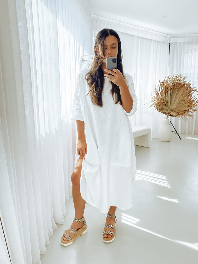 Joselin Linen Dress in Dove White - Product Image