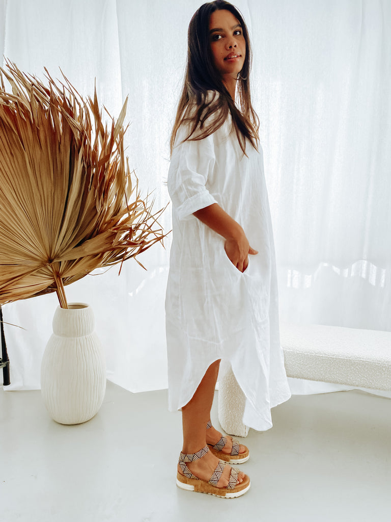 Joselin Linen Dress in Dove White - Product Image
