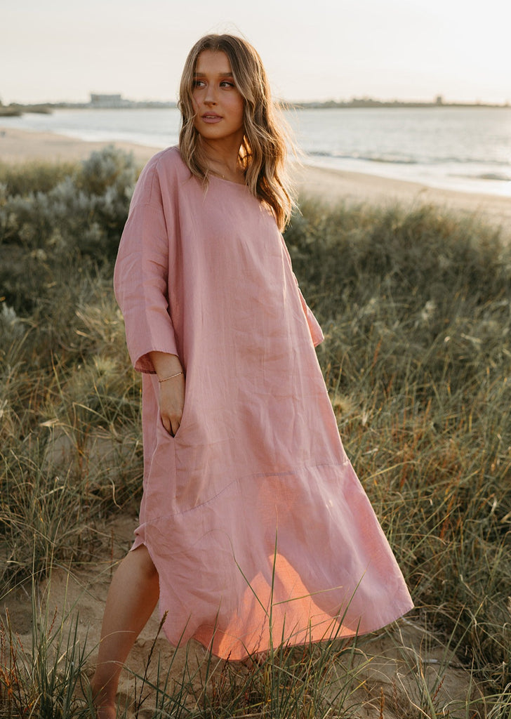 Joselin Linen Dress in Old Rose - Product Image