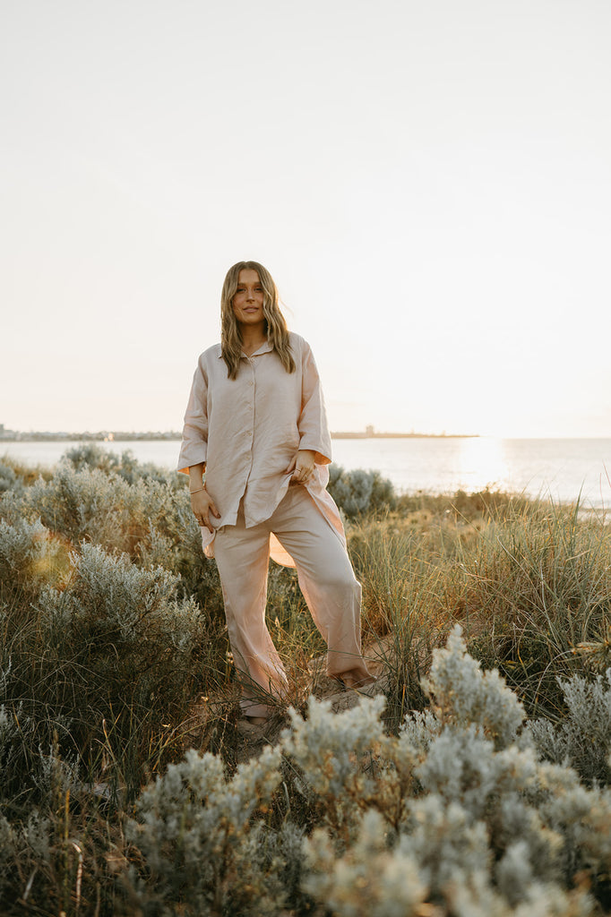 Margot Oversized Linen Shirt Dress in Dust Storm - Product Image