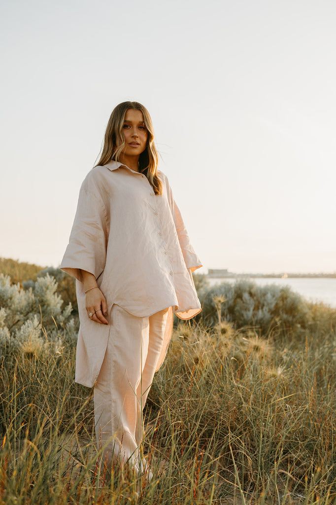 Margot Oversized Linen Shirt Dress in Dust Storm - Product Image