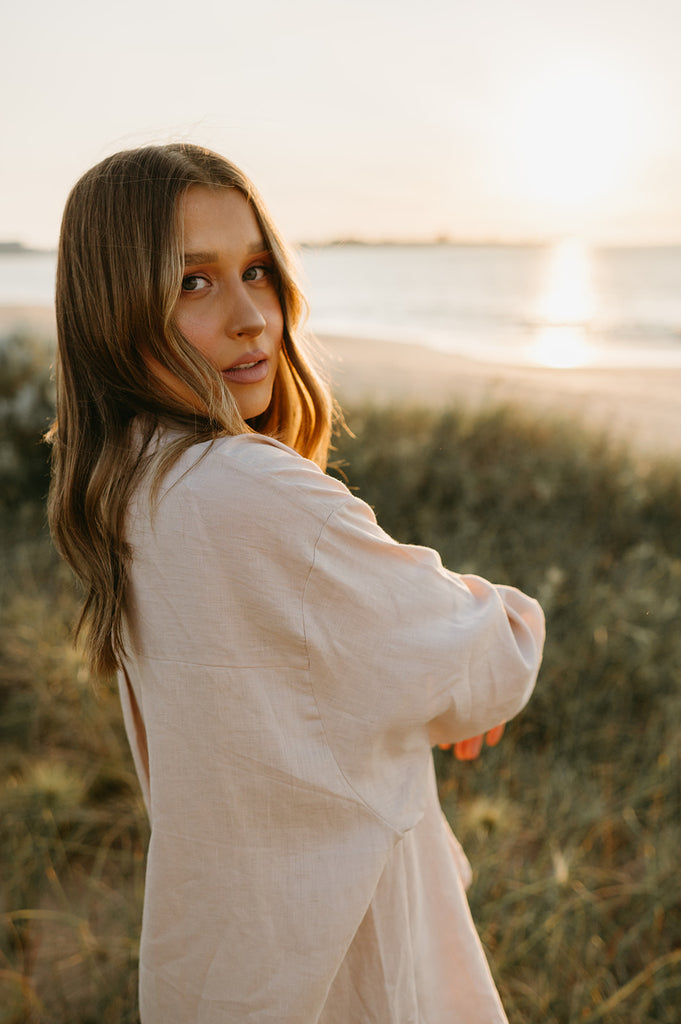 Margot Oversized Linen Shirt Dress in Dust Storm - Product Image