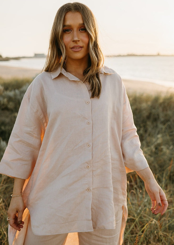Margot Oversized Linen Shirt Dress in Dust Storm - Product Image