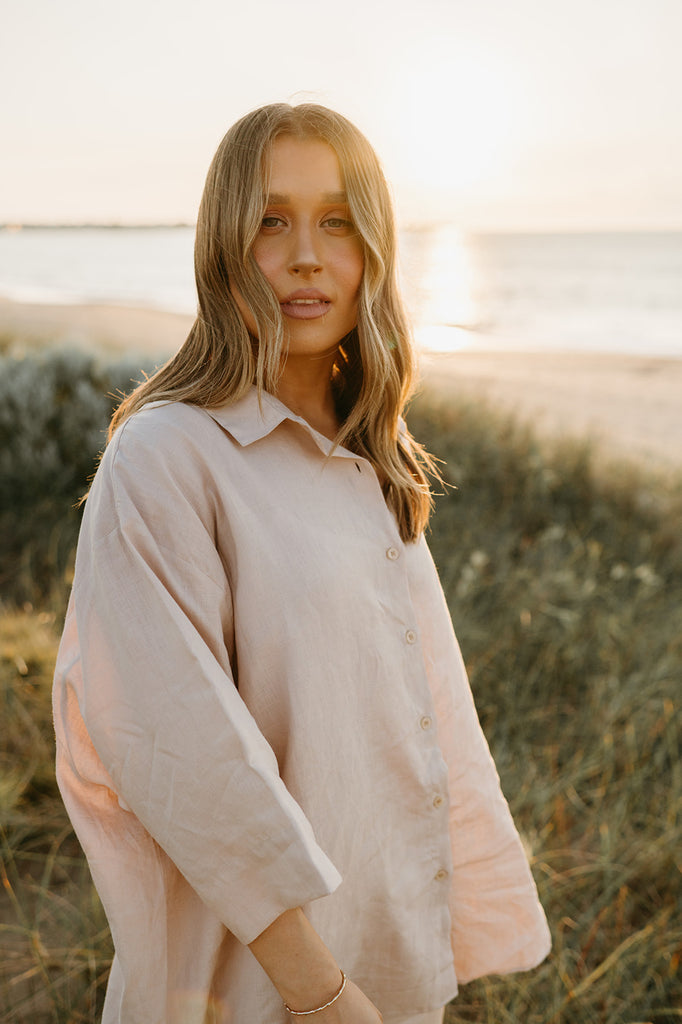 Margot Oversized Linen Shirt Dress in Dust Storm - Product Image