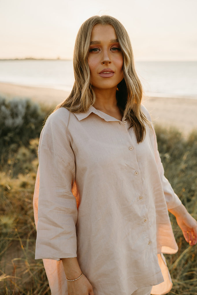 Margot Oversized Linen Shirt Dress in Dust Storm - Product Image