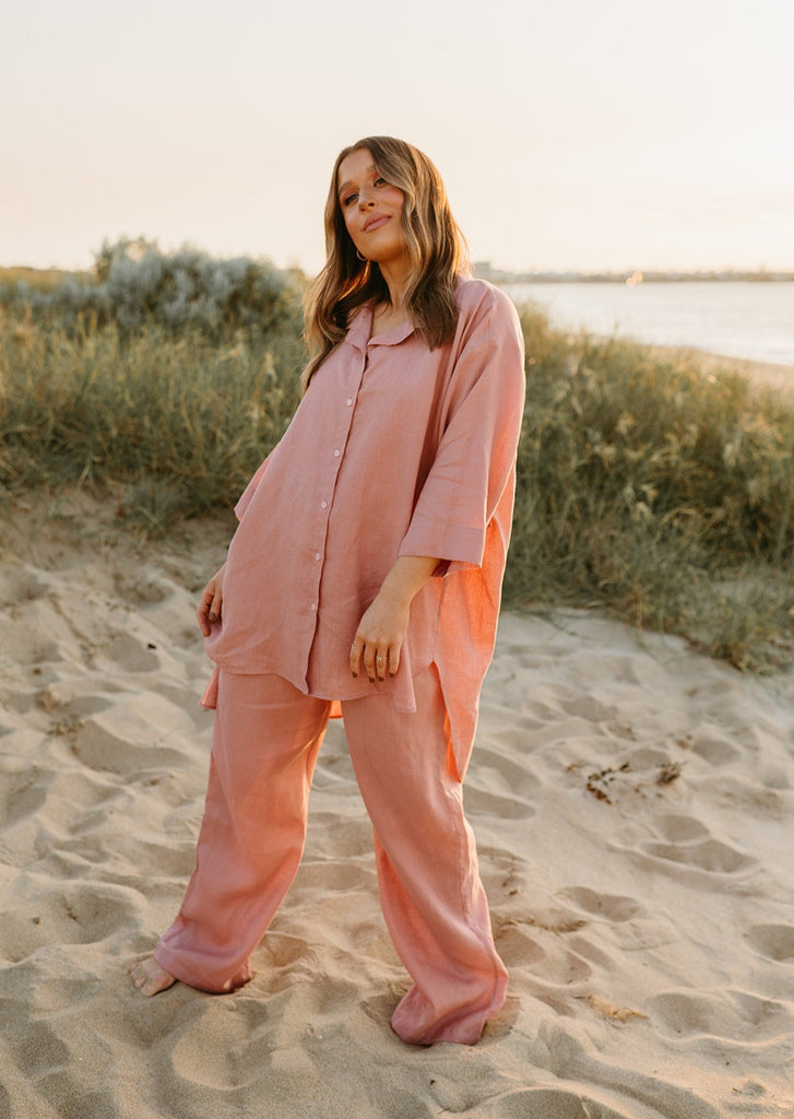 Athena Linen Pants in Old Rose - Product Image
