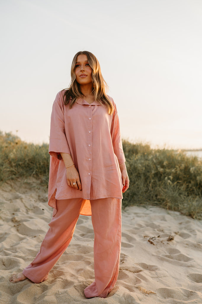 Athena Linen Pants in Old Rose - Product Image