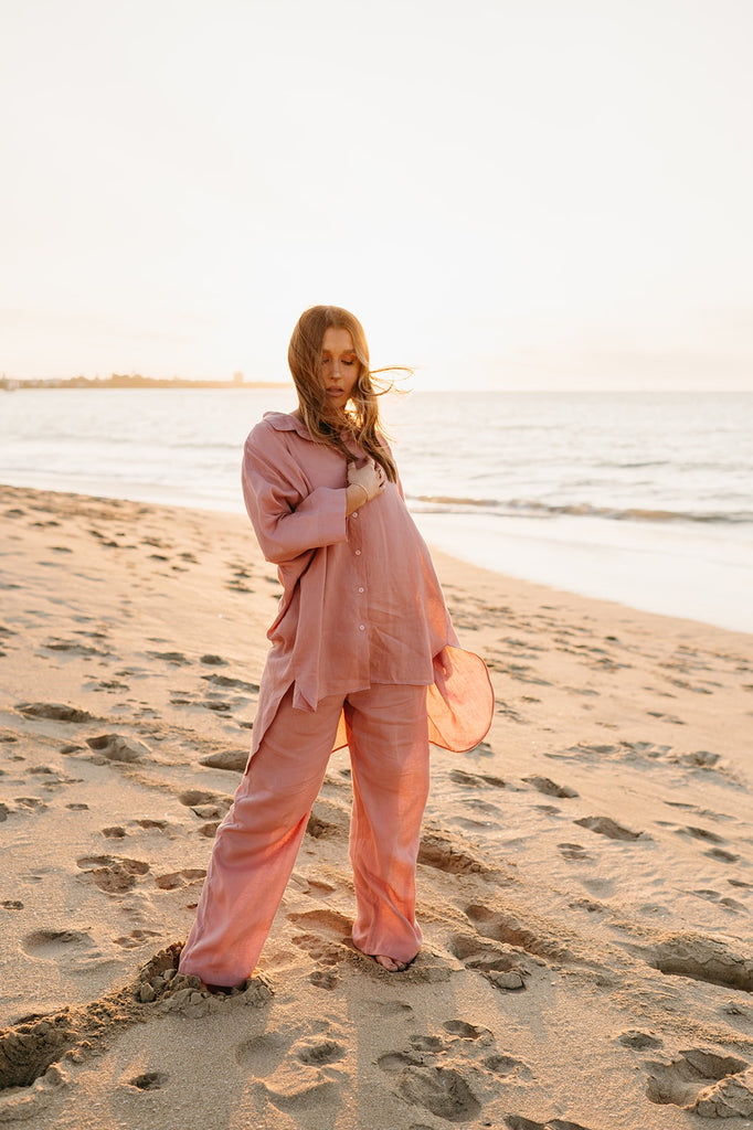 Athena Linen Pants in Old Rose - Product Image