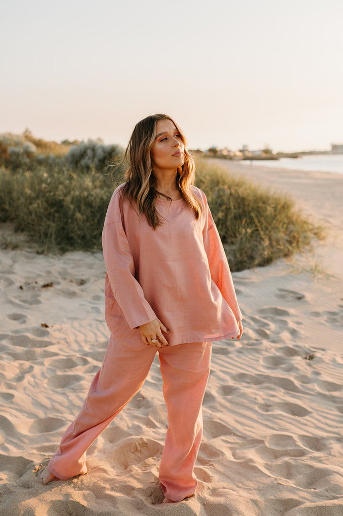 Allegra Linen Top in Old Rose - Product Image