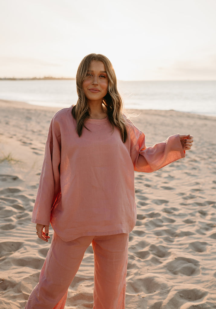 Allegra Linen Top in Old Rose - Product Image