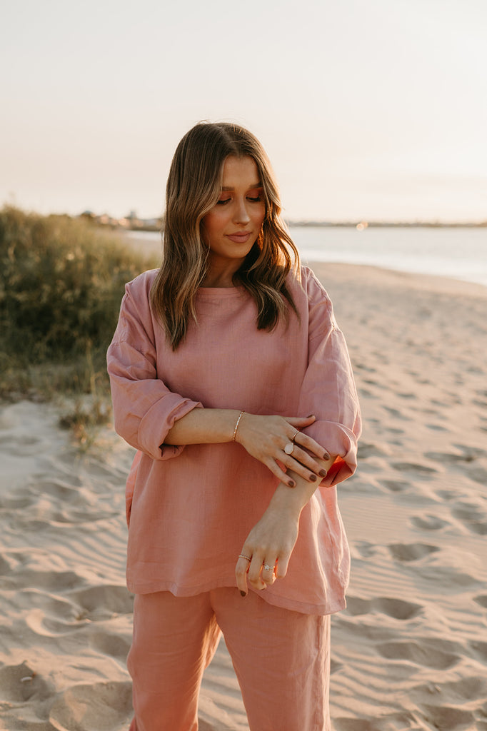 Allegra Linen Top in Old Rose - Product Image