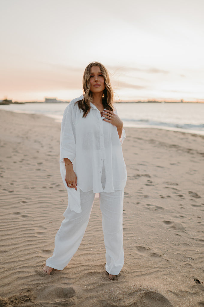 Athena Linen Pants in Dove White - Product Image