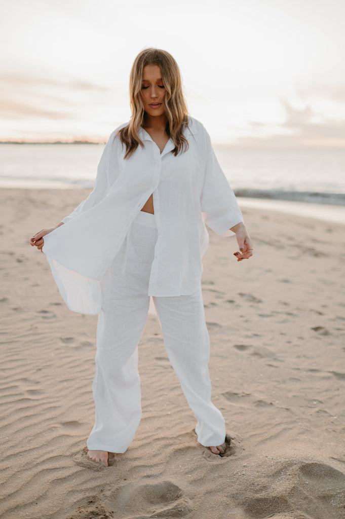 Athena Linen Pants in Dove White - Product Image