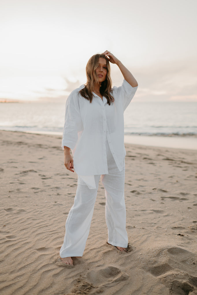 Athena Linen Pants in Dove White - Product Image