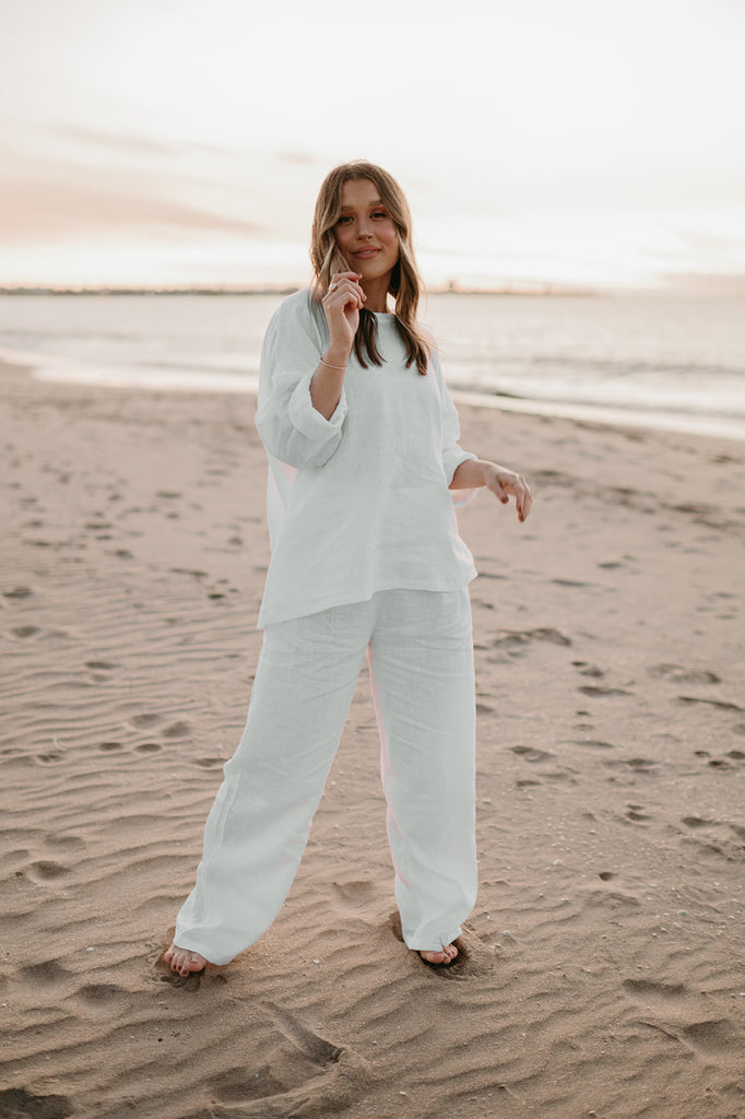 Athena Linen Pants in Dove White - Product Image