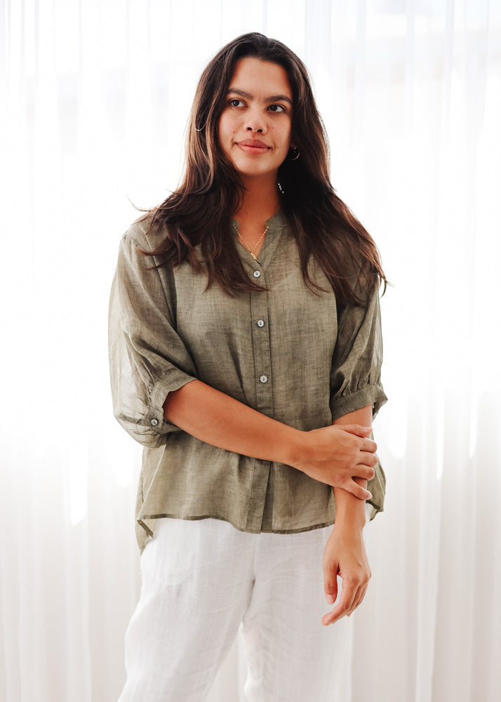 Elena Olive Linen Blouse - Product Image