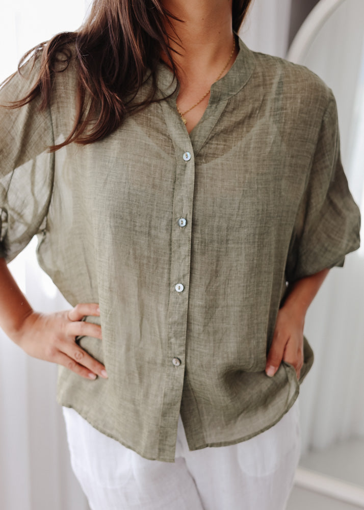 Elena Olive Linen Blouse - Product Image