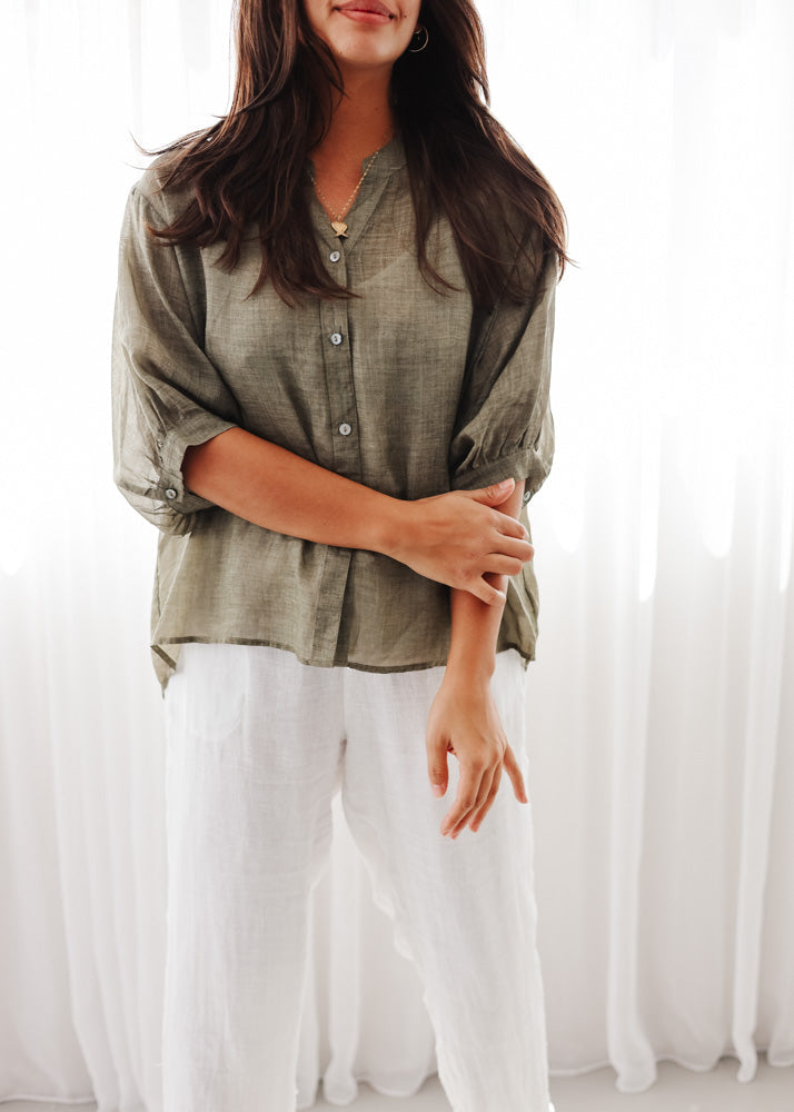 Elena Olive Linen Blouse - Product Image