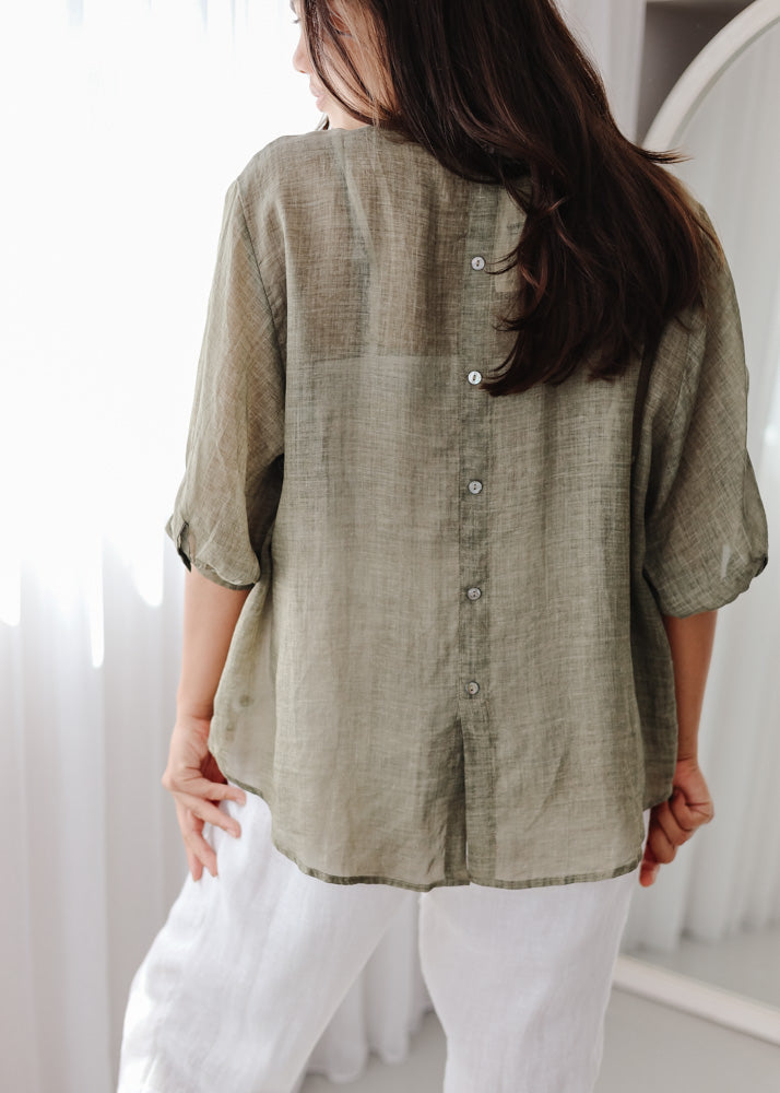 Elena Olive Linen Blouse - Product Image