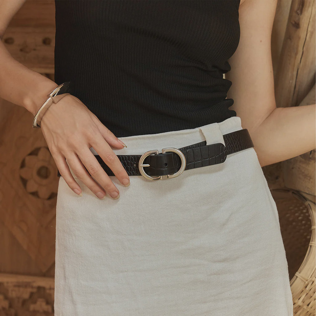 In Reverse - Black Croc Silver Leather Belt - Product Image